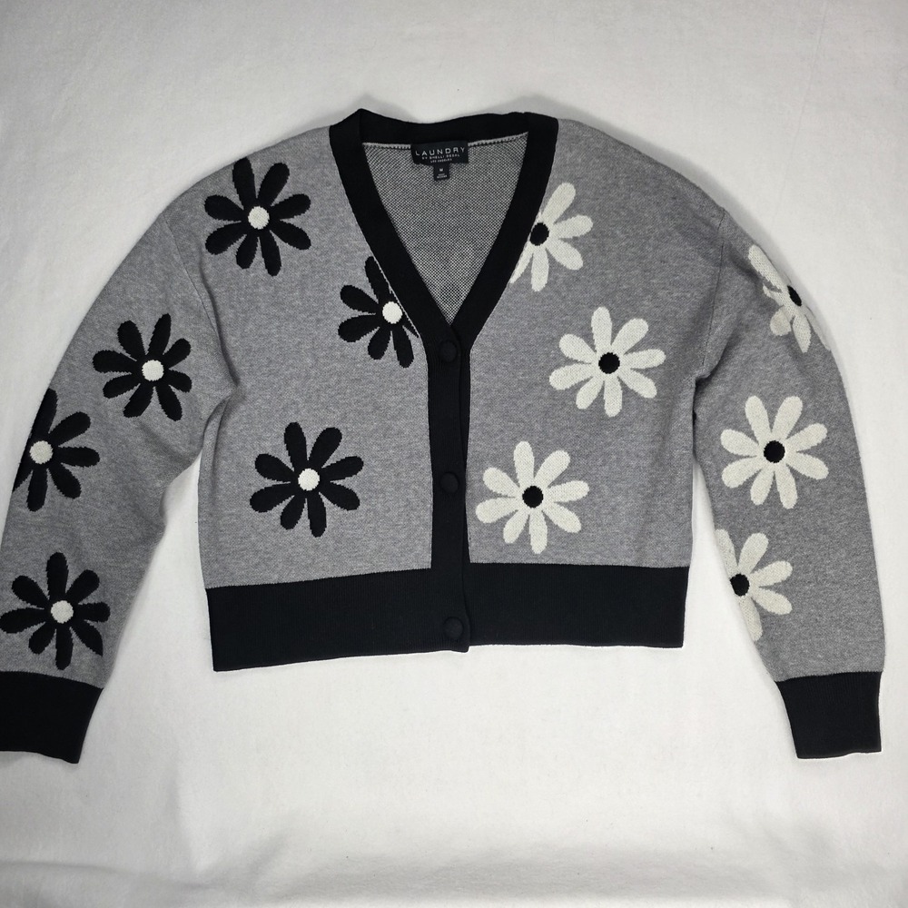 Laundry by Shelli Segal Black & White Daisy V-Neck Size Medium Cardigan Sweater
